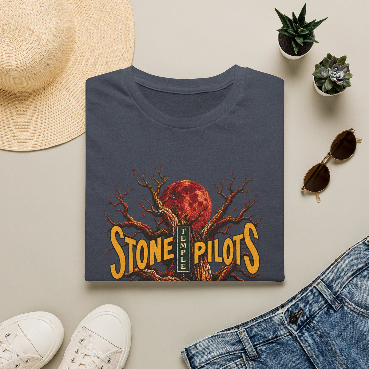 Stone Pilots Vintage Rock Tee – Distressed Retro Band Shirt – Heather Navy
