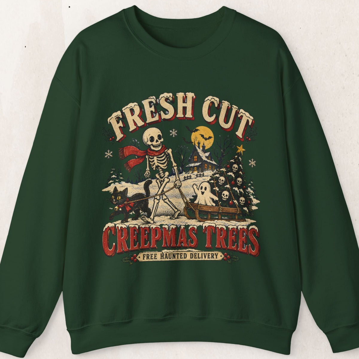 Fresh Cut Creepy Christmas Trees Halloween Sweatshirt, Skeleton Christmas Tree Crewneck