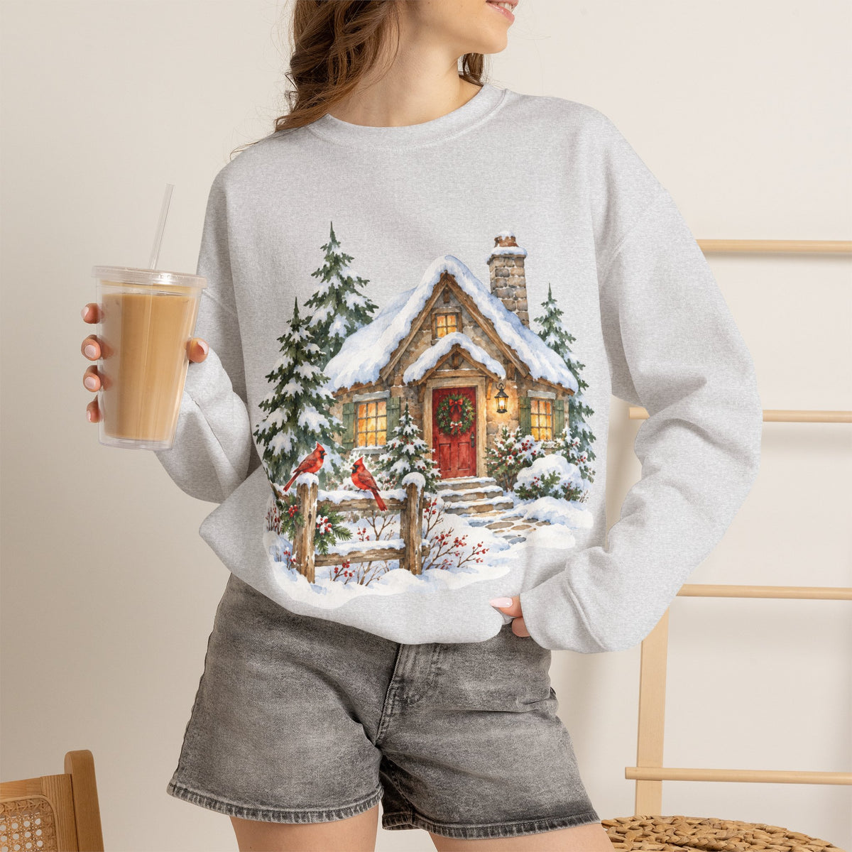 Cozy Christmas Cottage Sweatshirt, Snowy Winter Cabin Crewneck