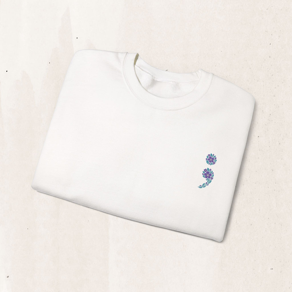 Purple and teal flag semicolon suicide awareness crewneck sweatshirt in white