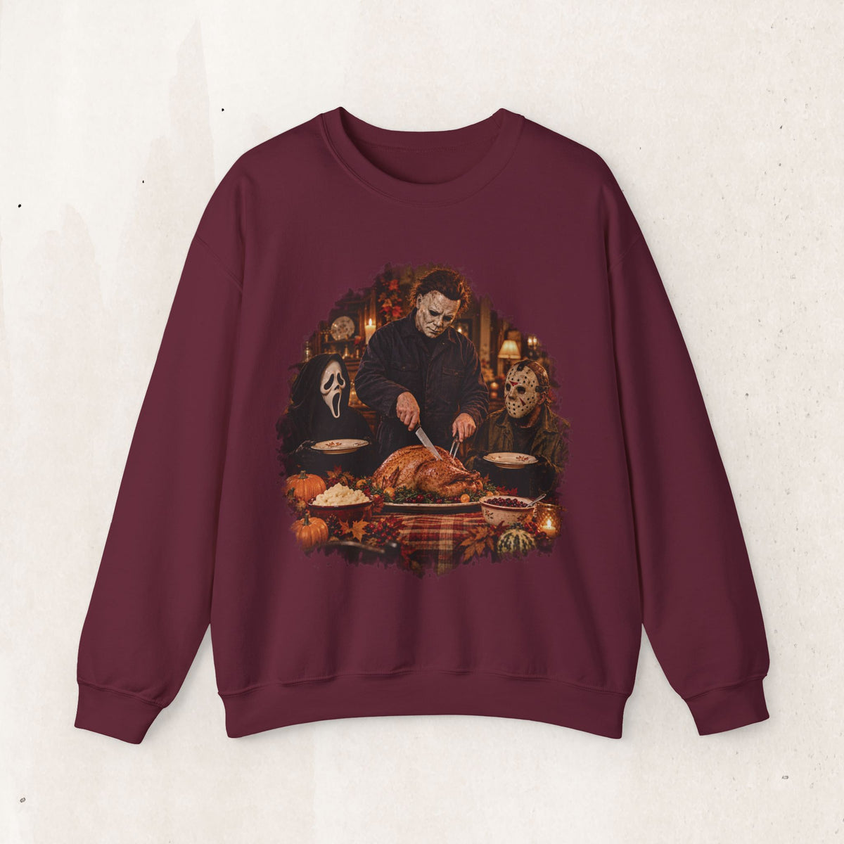 Michael Myers, Ghostface and Jason Thanksgiving sweatshirt in Maroon, front view