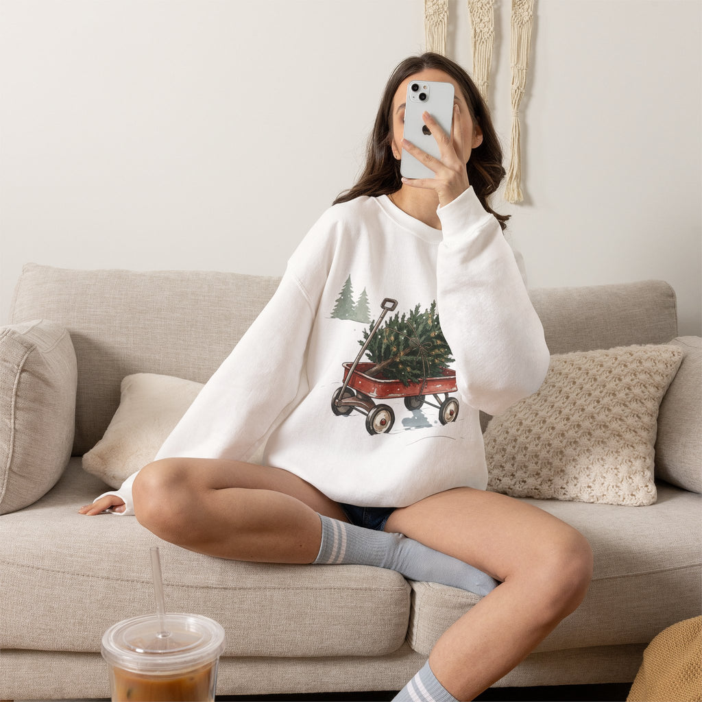 Vintage Christmas Tree Wagon Crewneck Sweatshirt Printify