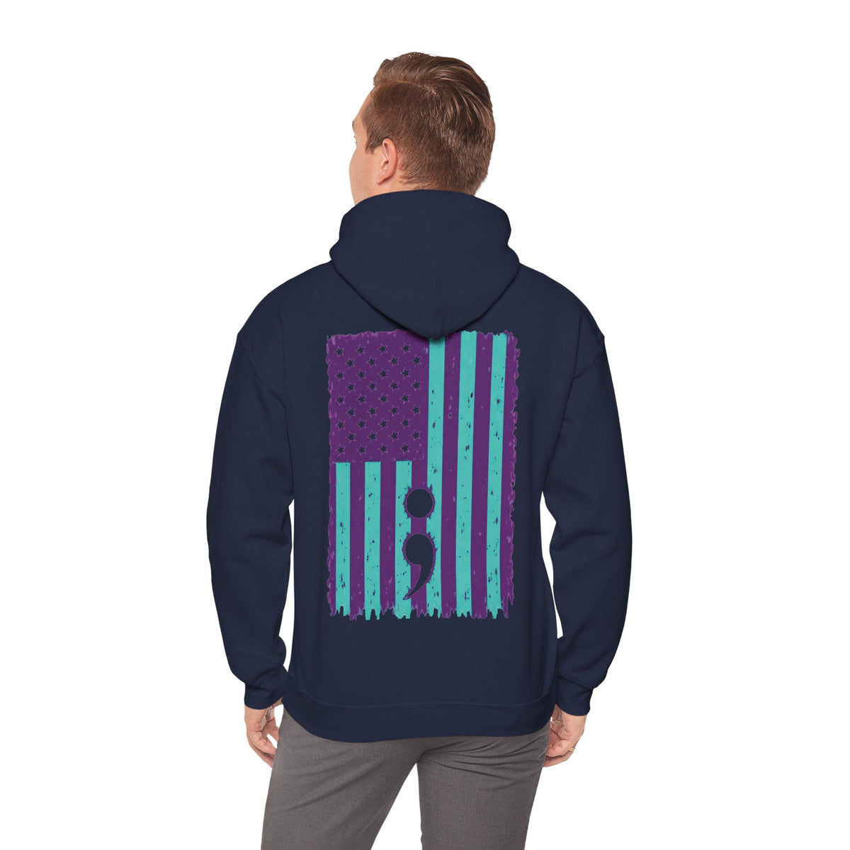 Purple and teal flag semicolon suicide awareness pullover hoodie in navy