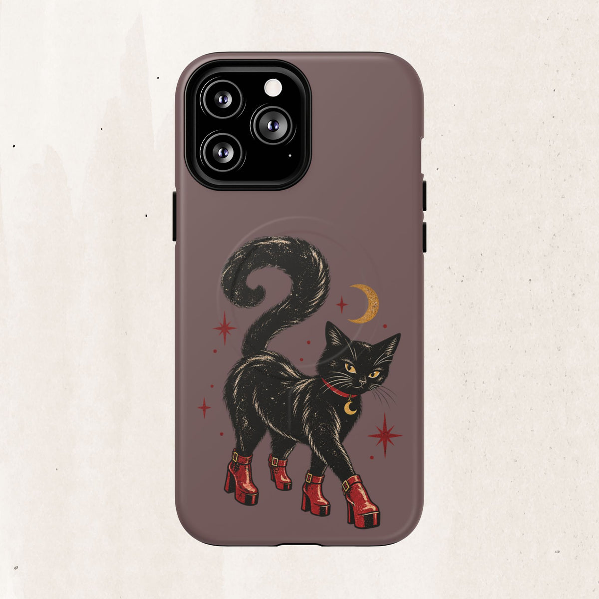 Magnetic Phone Case — Black Cat in Red Boots Design