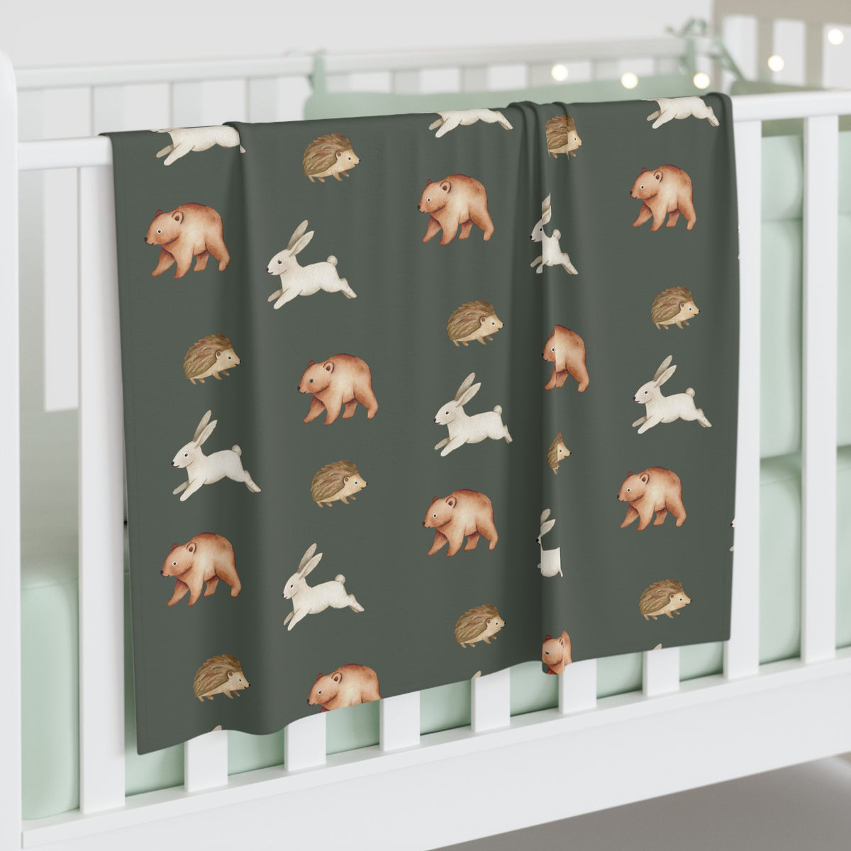Woodland Animal Baby Swaddle Blanket — Bears, Bunnies & Hedgehogs on Olive