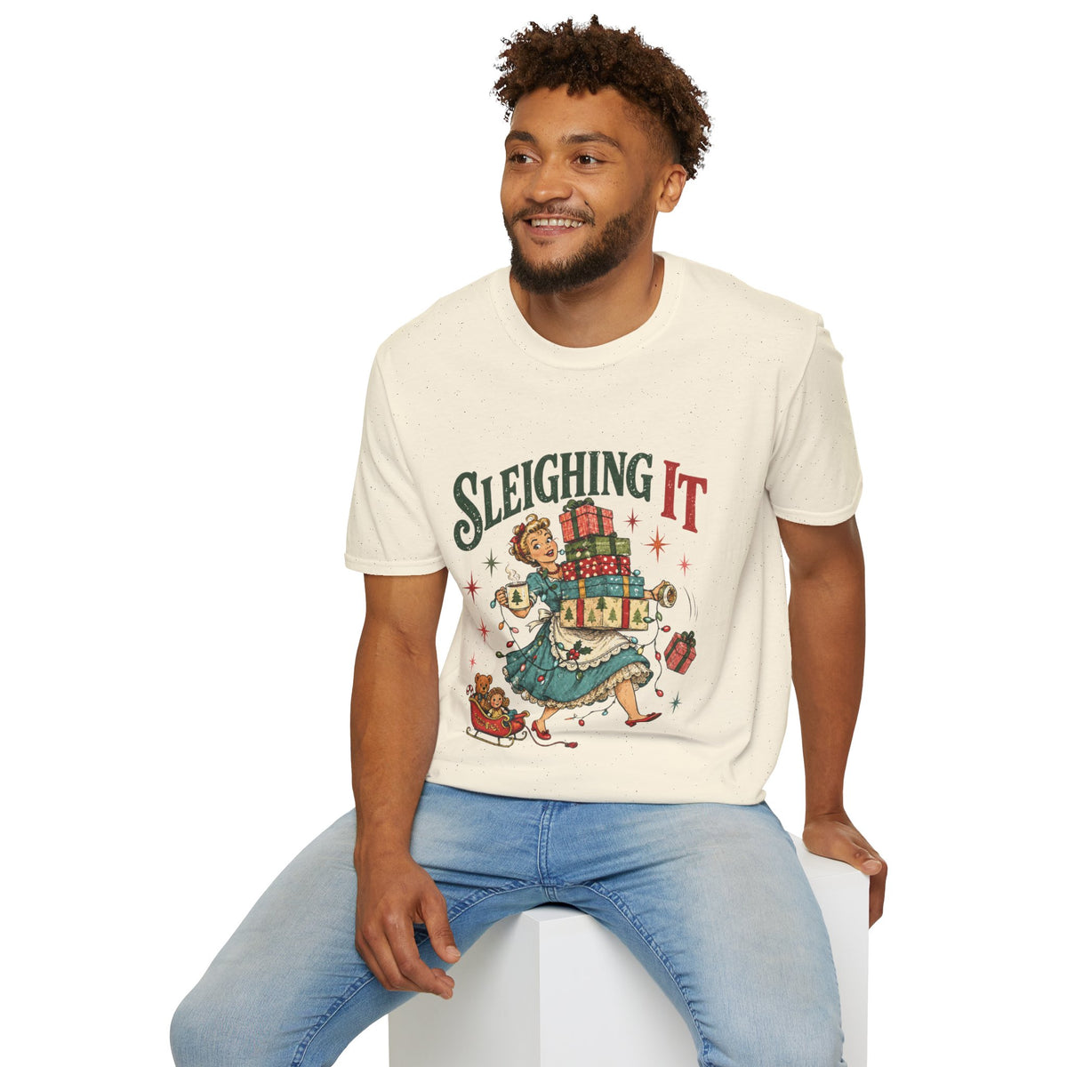Vintage Christmas "Sleighing It" Graphic Tee Printify