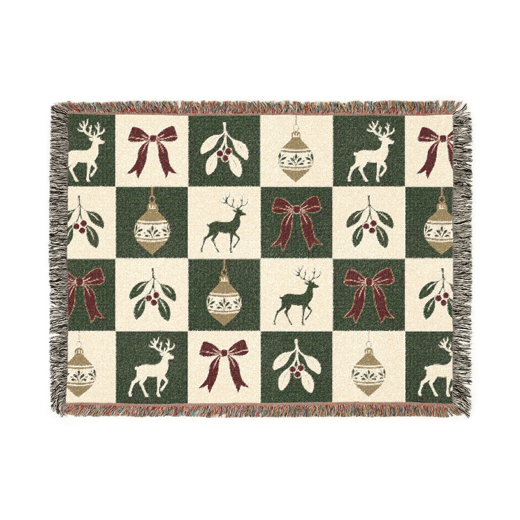 Holiday Reindeer & Ornaments Woven Blanket Printify