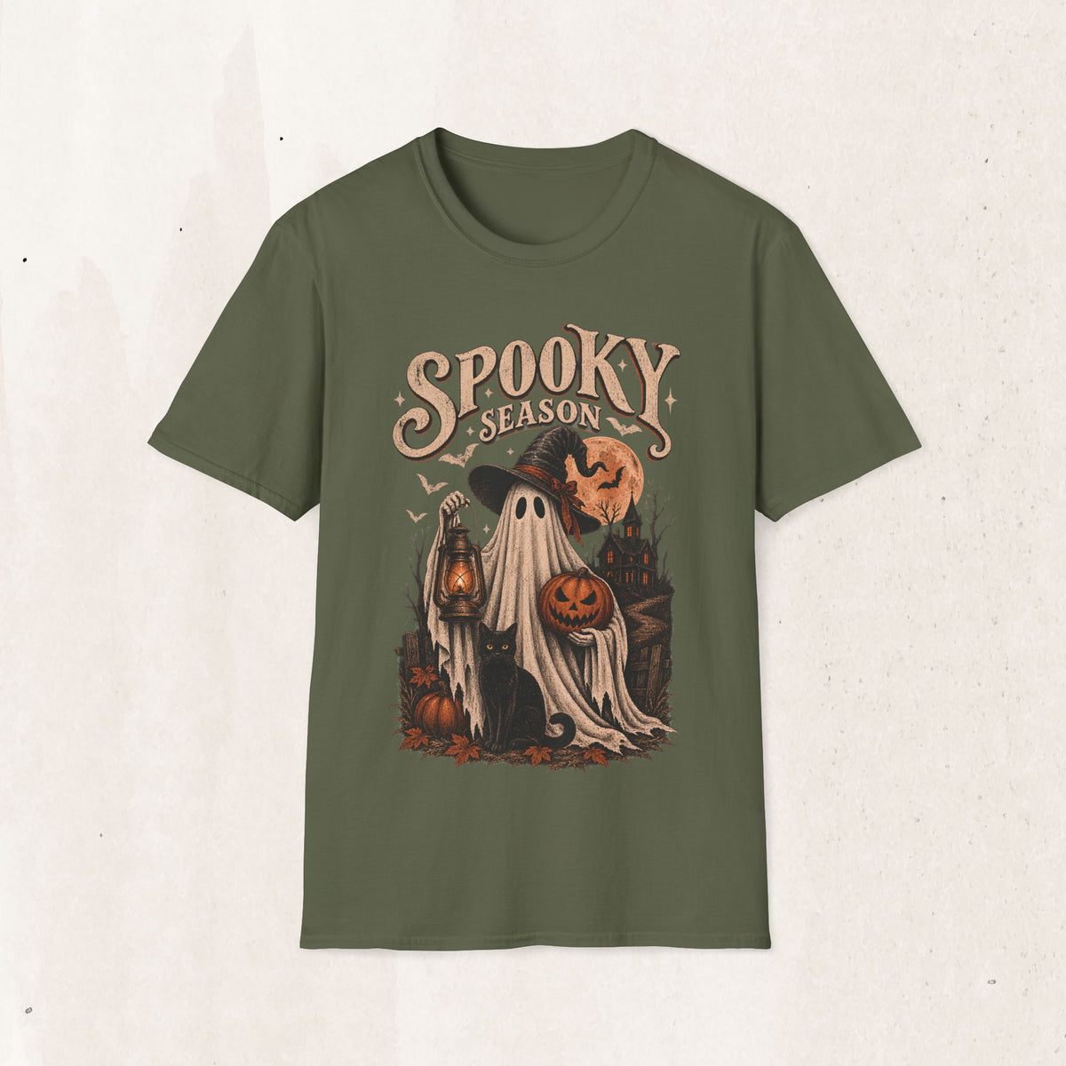 Spooky Season Graphic Tee – Vintage Ghost & Witch Hat Shirt – Military Green