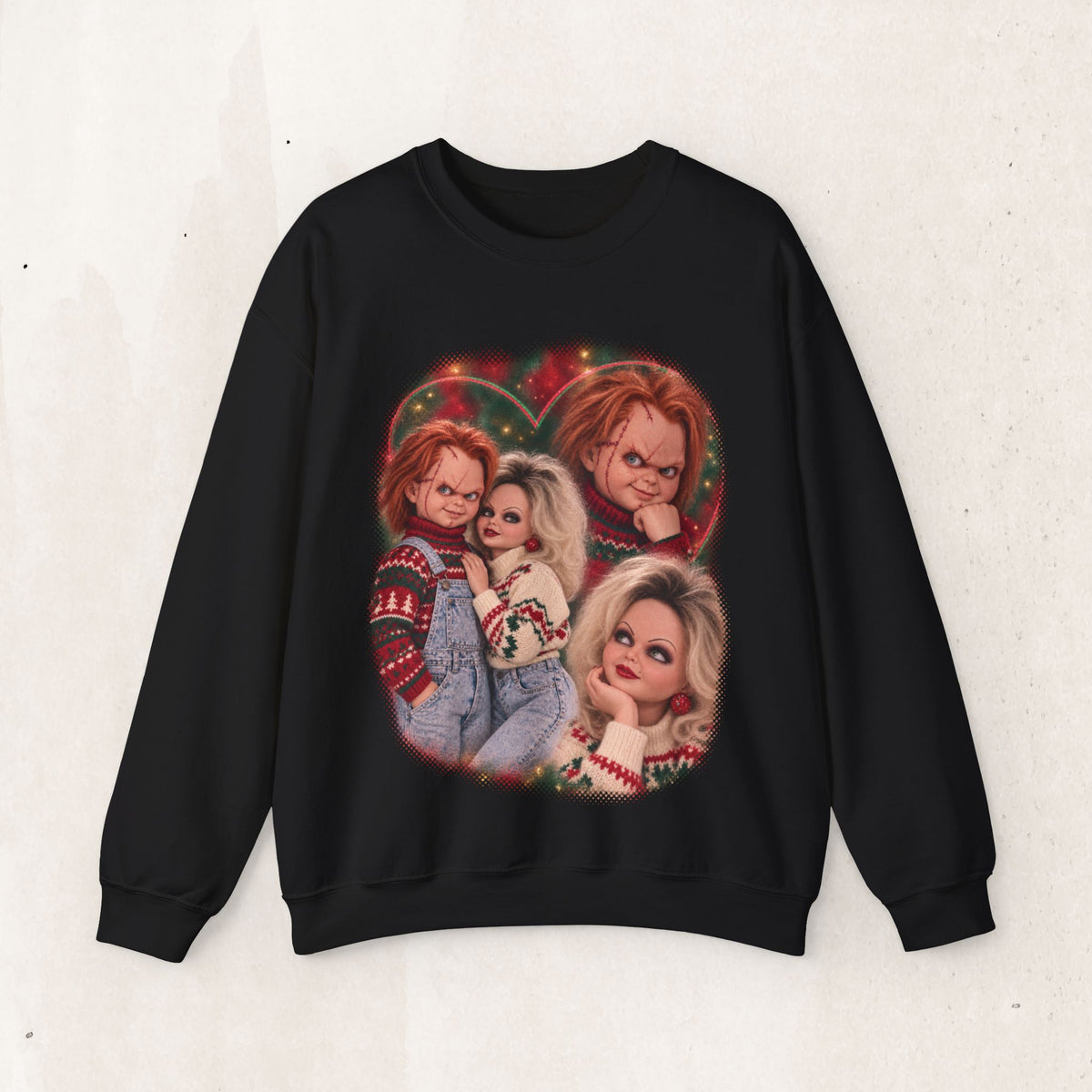 Chucky and Tiffany 80s glamour portrait horror Christmas sweatshirt