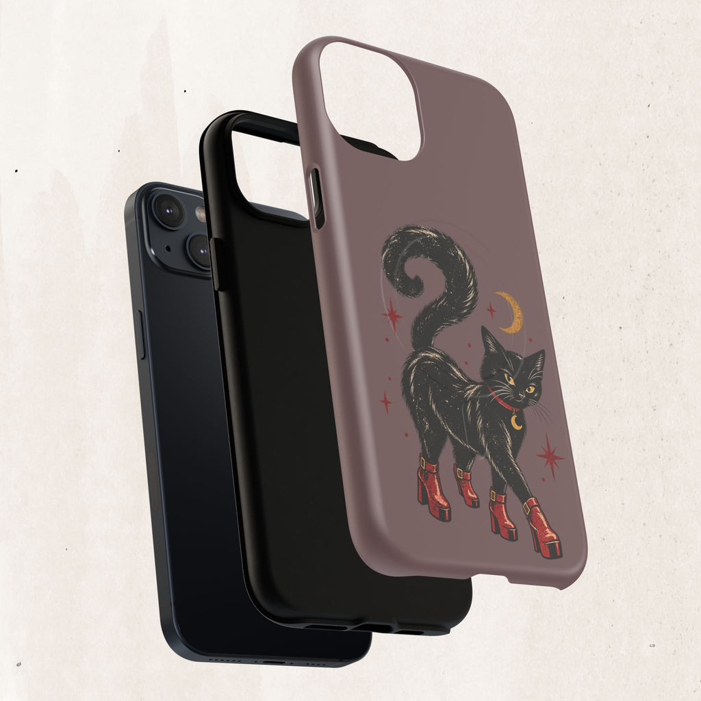 Magnetic Phone Case — Black Cat in Red Boots Design