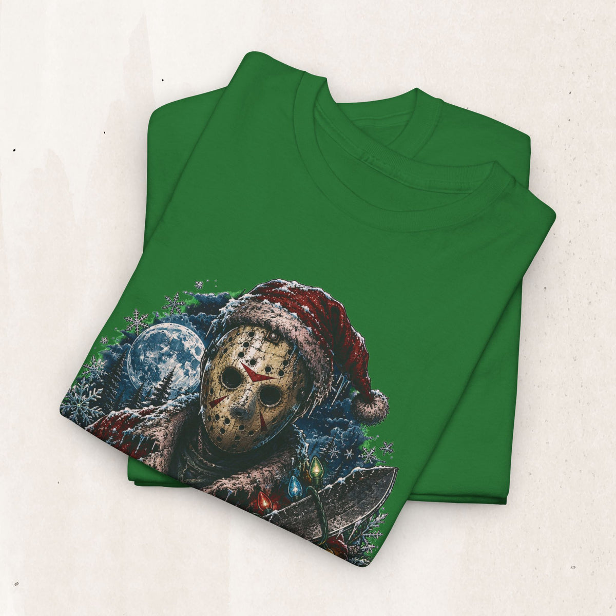 Horror Christmas Tee — Jason Holiday Killer Mask with Festive Machete