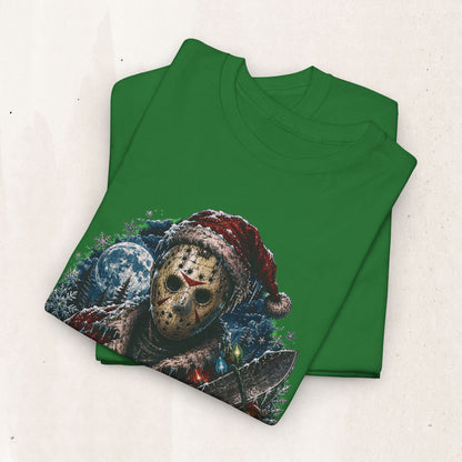 Horror Christmas Tee — Jason Holiday Killer Mask with Festive Machete