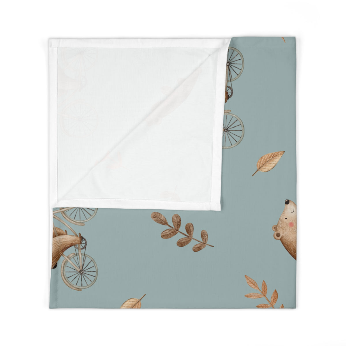 Bear on Bicycle Baby Swaddle Blanket – Soft Blue Woodland Nursery Swaddle