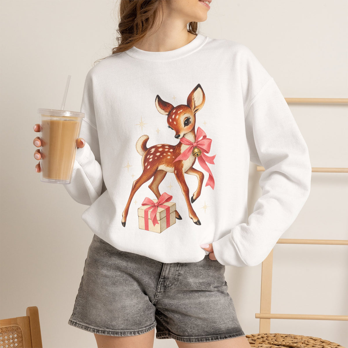 Christmas fawn with gifts woodland crewneck sweatshirt