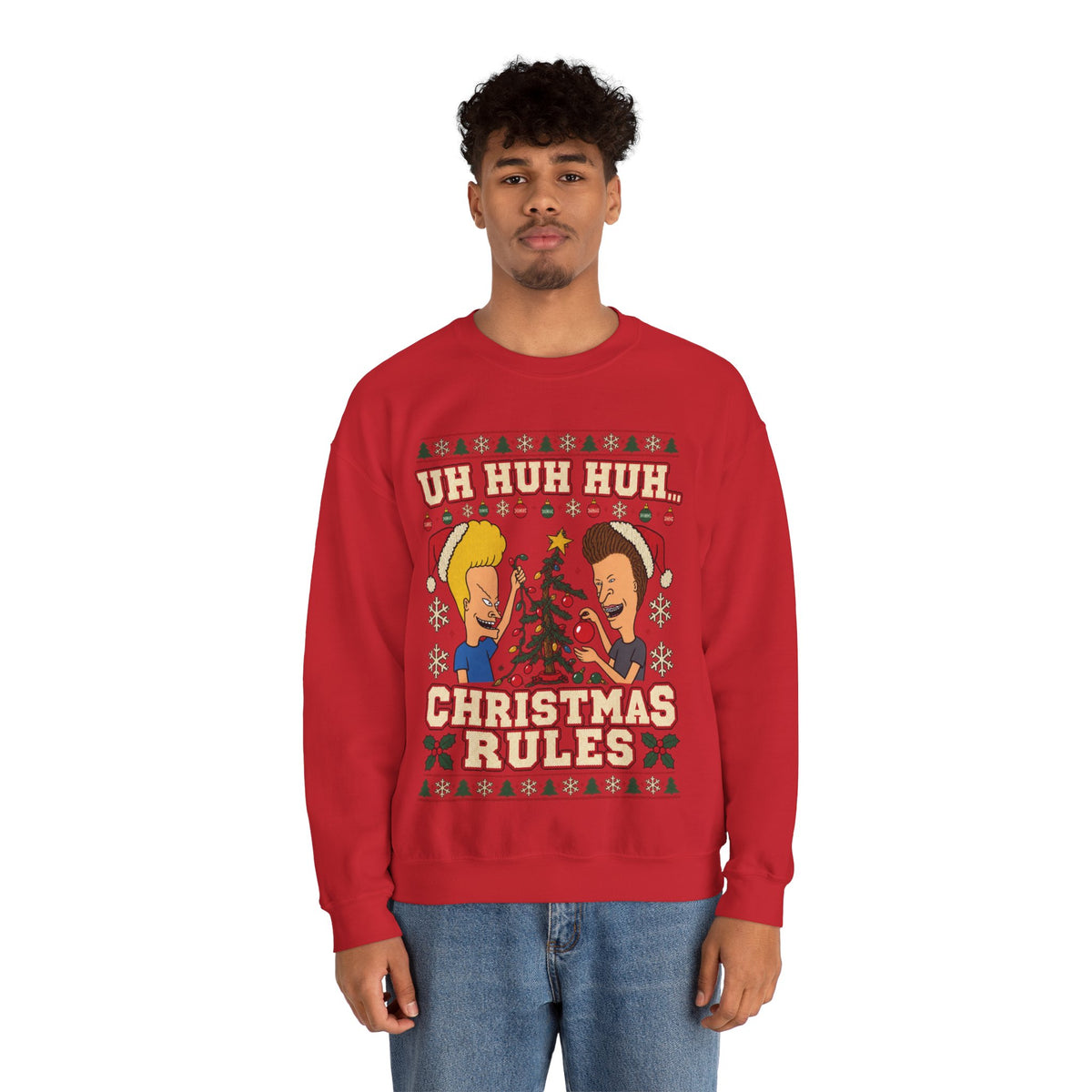 Beavis & Butthead Christmas Rules Ugly Sweatshirt in Red, alternate view