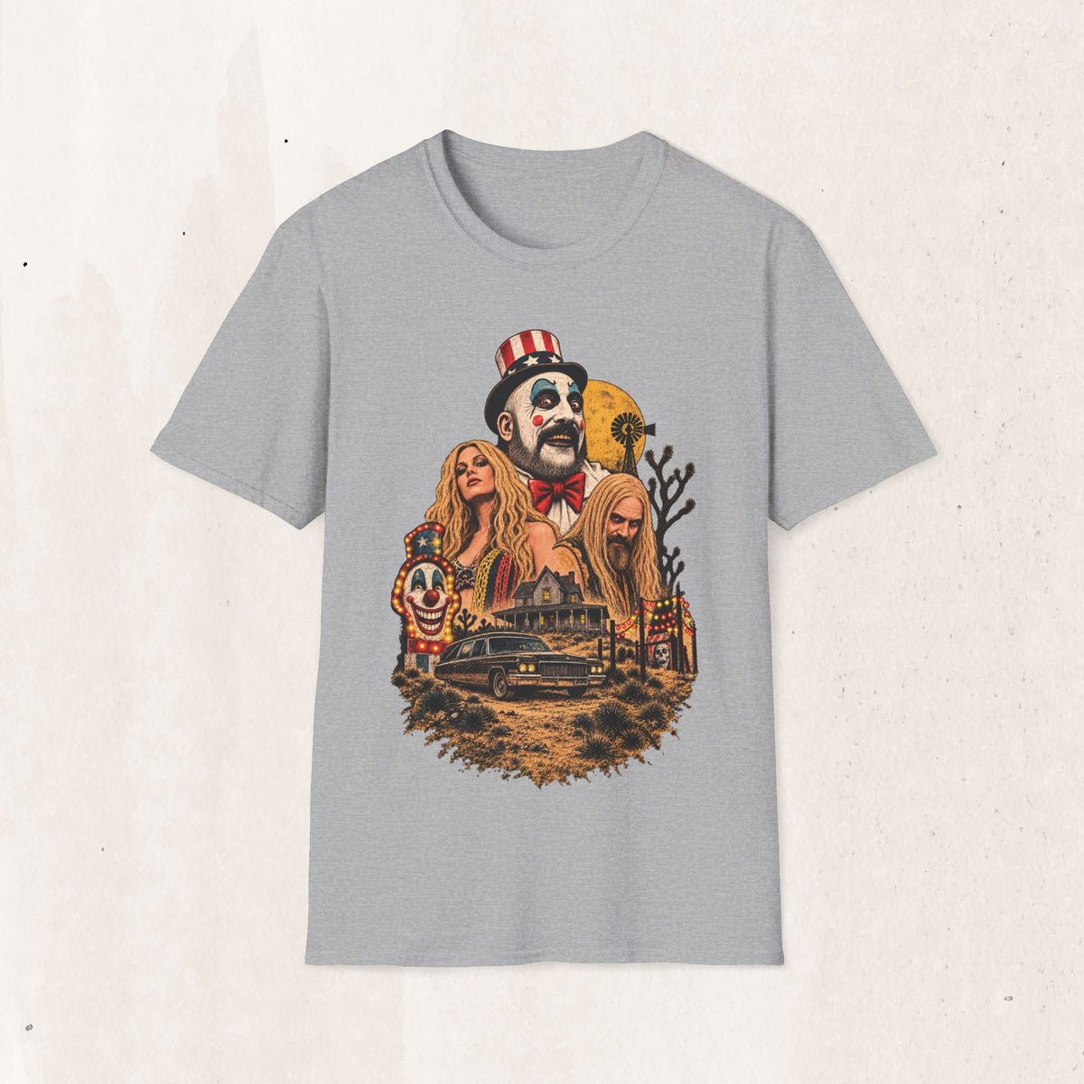 Captain Spaulding Horror Tee — Retro "House of 1000 Corpses" Clown Collage