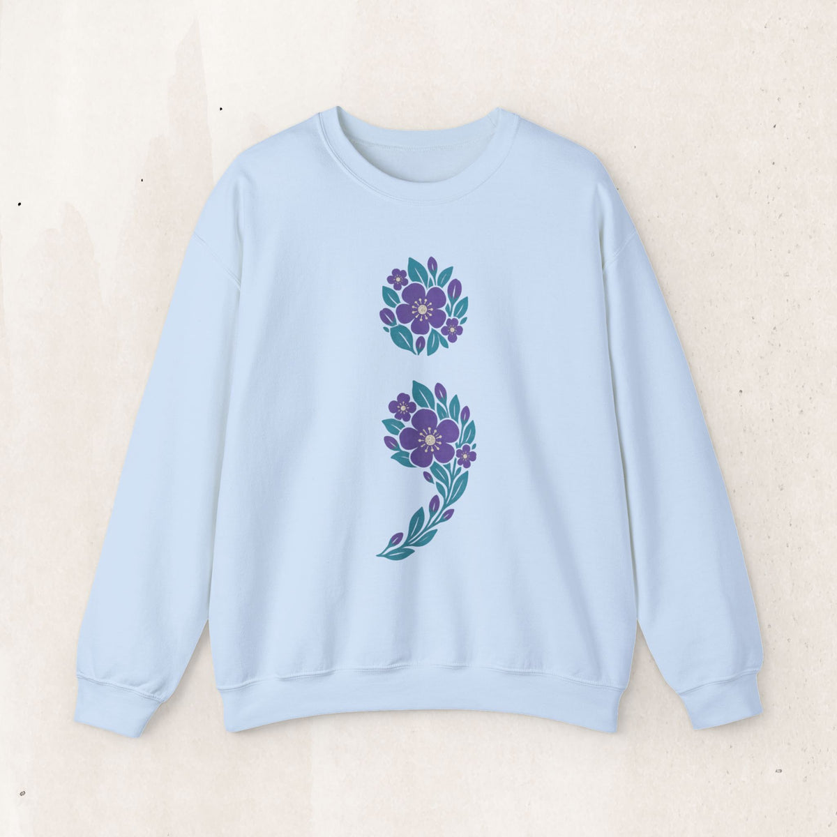 Floral semicolon suicide awareness crewneck sweatshirt in light blue