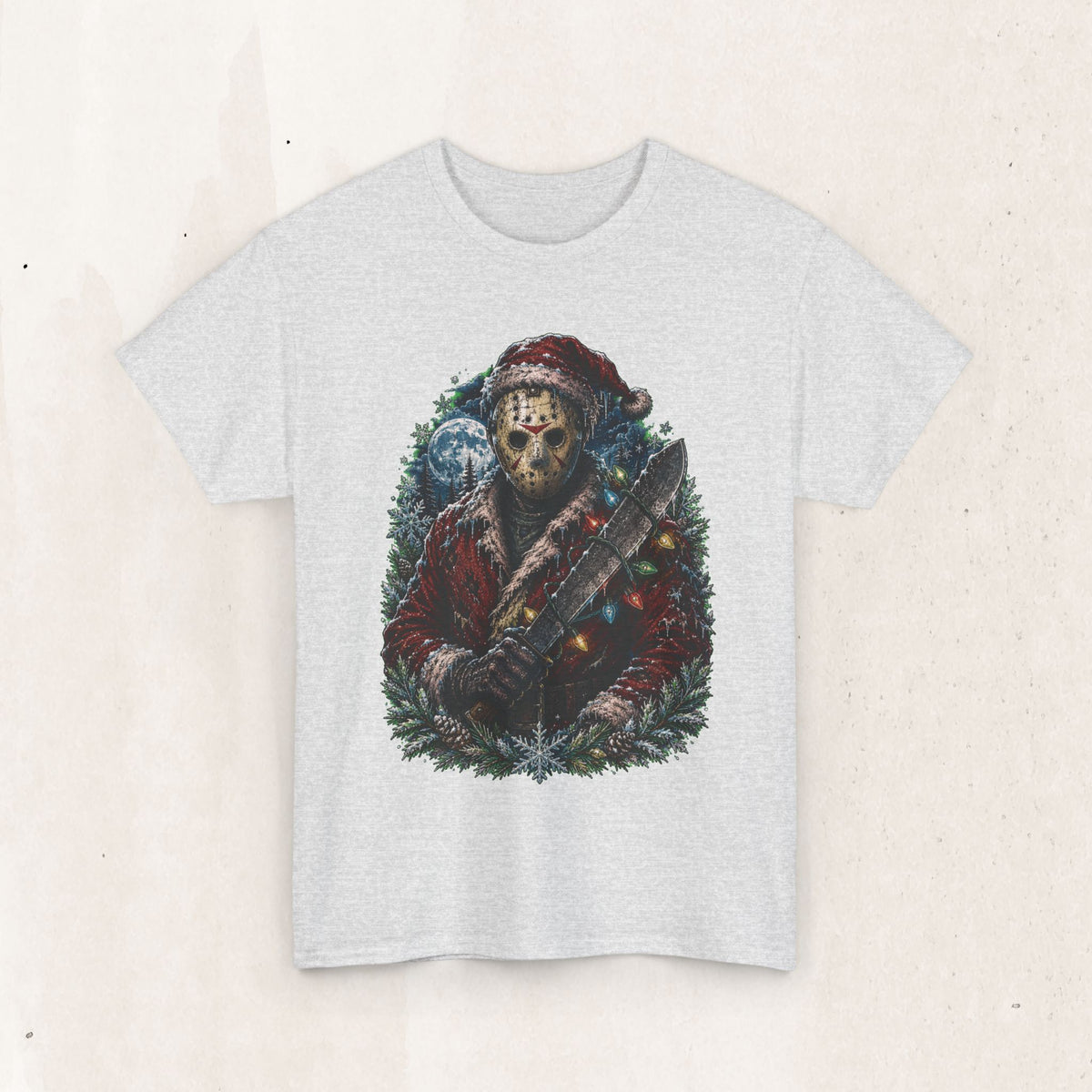 Horror Christmas Tee — Jason Holiday Killer Mask with Festive Machete