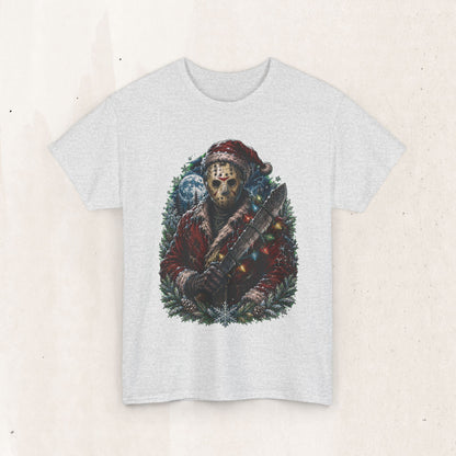 Horror Christmas Tee — Jason Holiday Killer Mask with Festive Machete