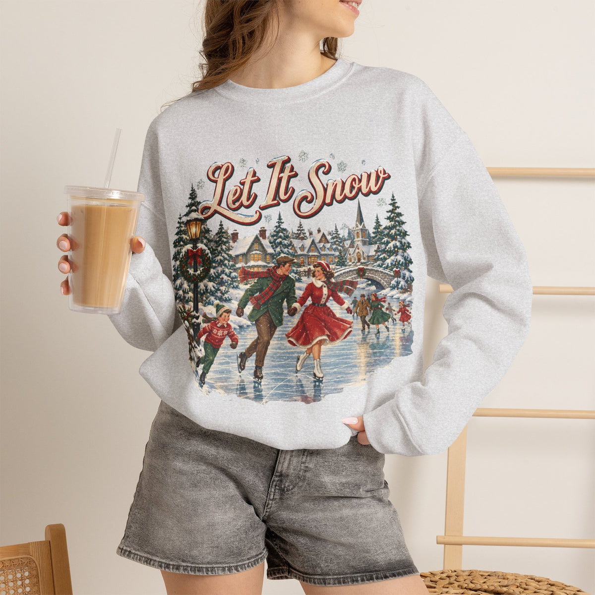 Let It Snow Christmas Sweatshirt, Winter Wonderland Ice Skating Crewneck