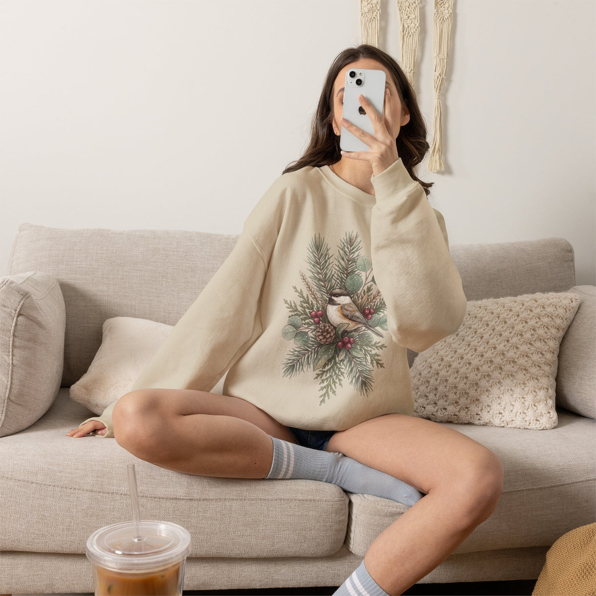 Botanical winter wreath Christmas crewneck sweatshirt