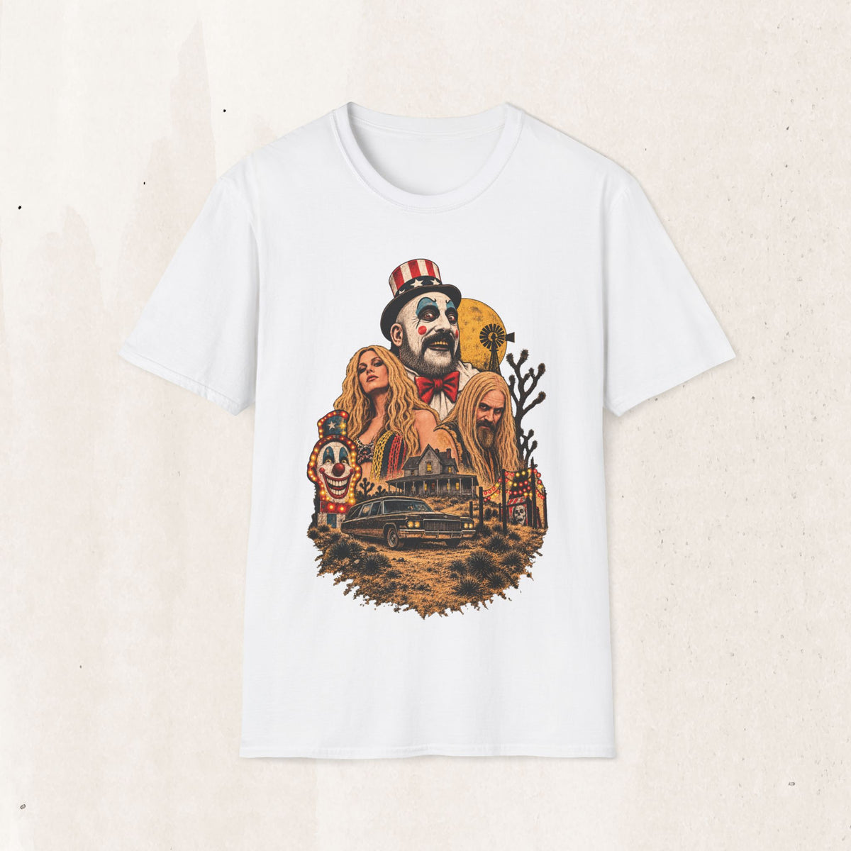 Captain Spaulding Horror Tee — Retro "House of 1000 Corpses" Clown Collage