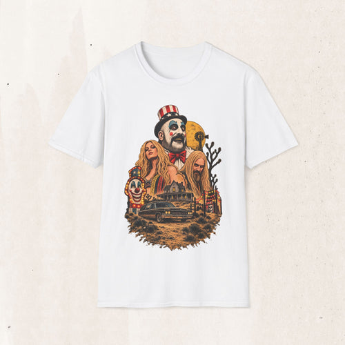 Captain Spaulding Horror Tee — Retro "House of 1000 Corpses" Clown Collage
