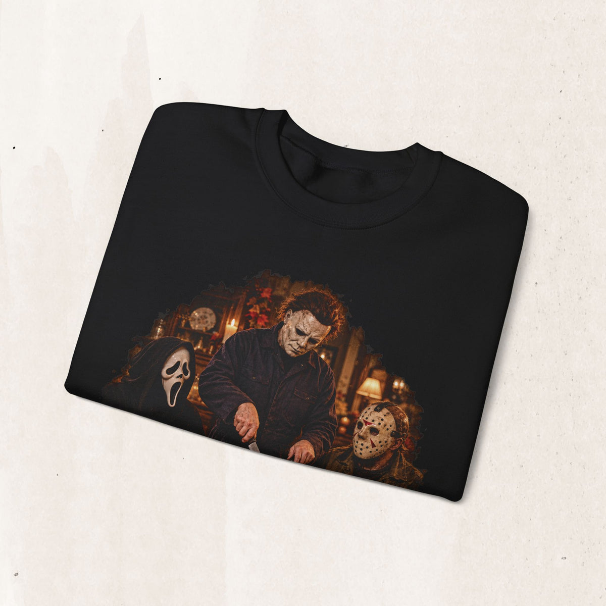 Michael Myers, Ghostface and Jason Thanksgiving sweatshirt in Black, folded flat lay