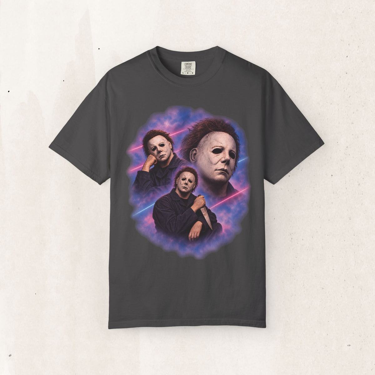 Michael Myers 80s Portrait Tee – Retro Purple Horror Graphic Shirt – Graphite