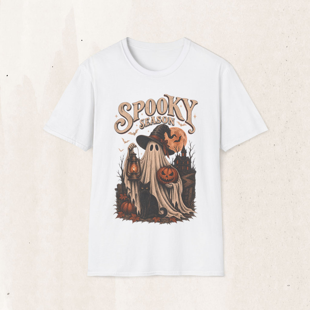 Spooky Season Graphic Tee – Vintage Ghost & Witch Hat Shirt – White