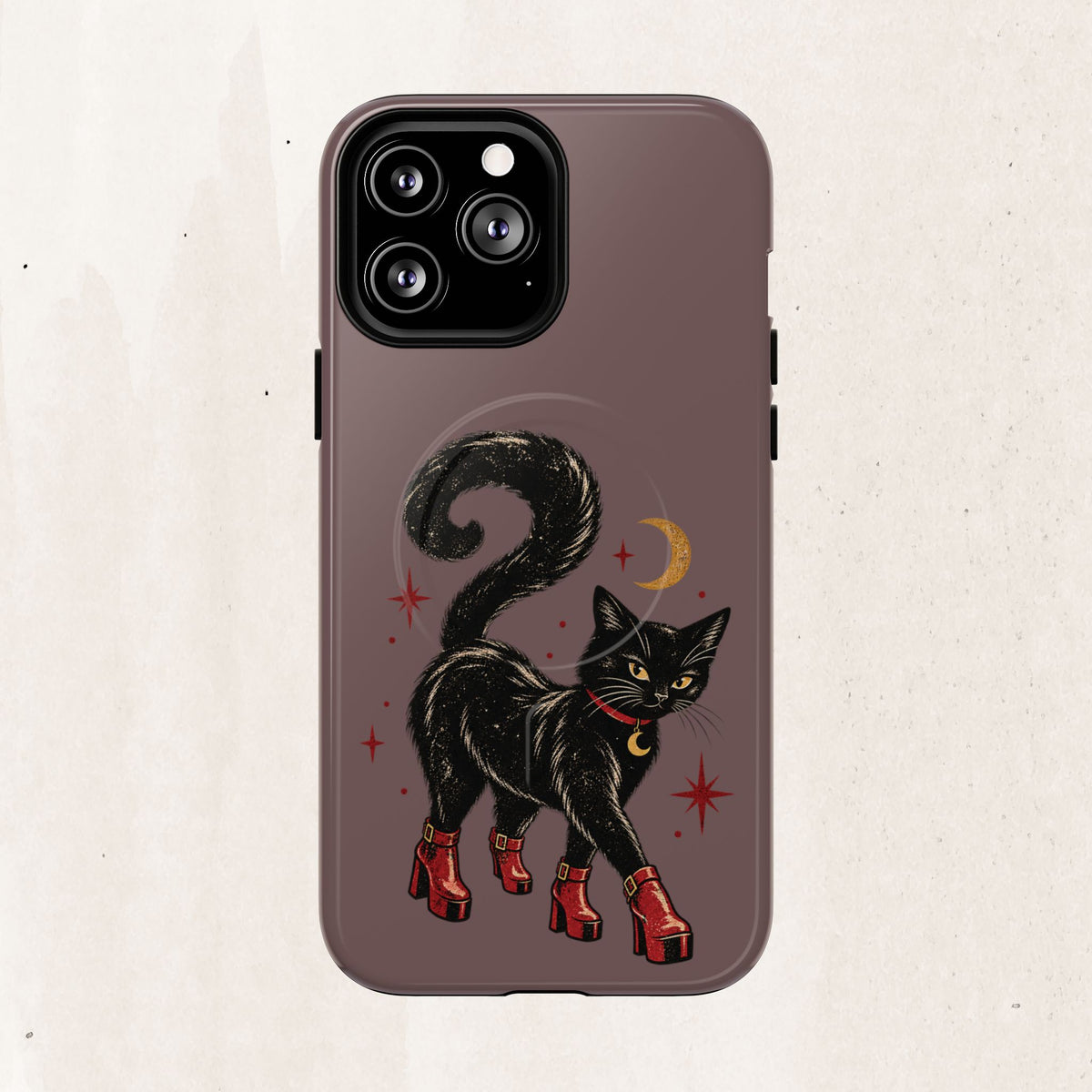 Magnetic Phone Case — Black Cat in Red Boots Design