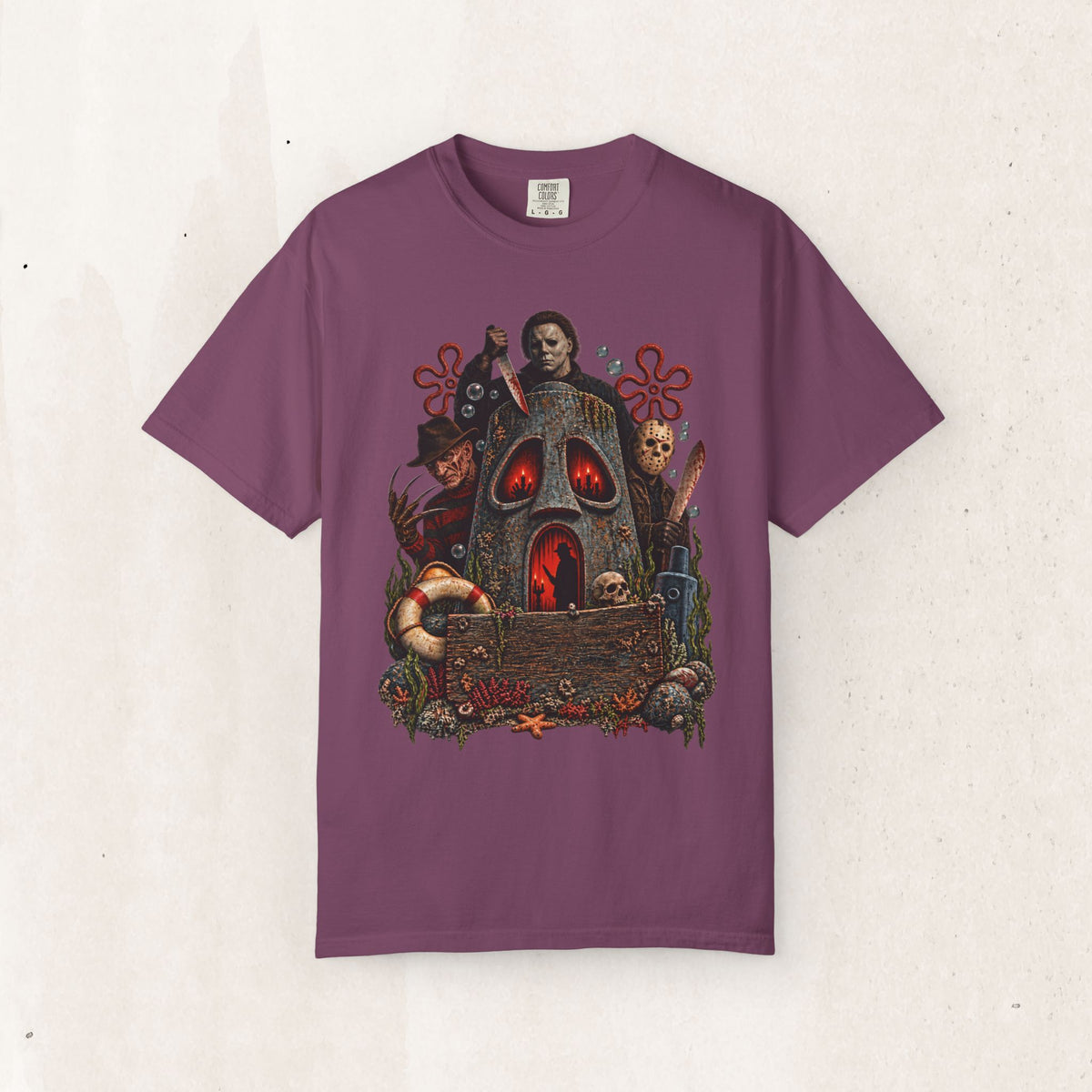 Bikini Bottom Horror Tee – Retro Cartoon Slasher Shirt – Berry