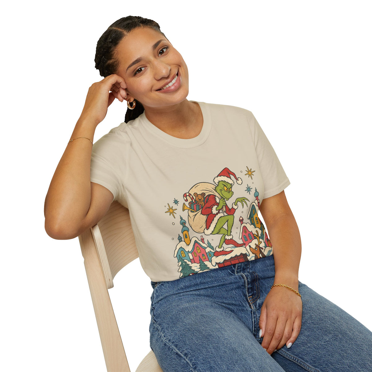 Grinch Graphic Tee' Vintage Holiday Crewneck, Unisex Retro Fit Co Printify