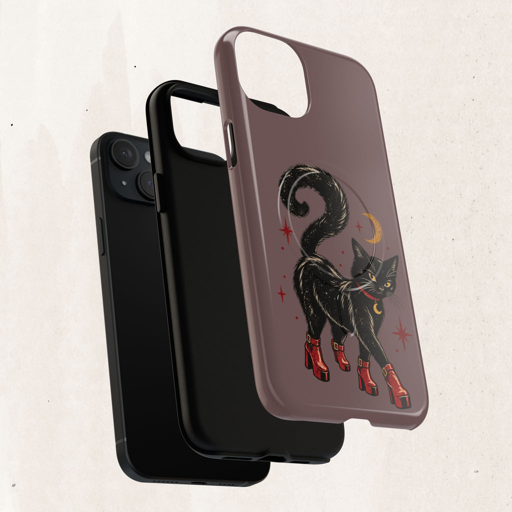 Magnetic Phone Case — Black Cat in Red Boots Design