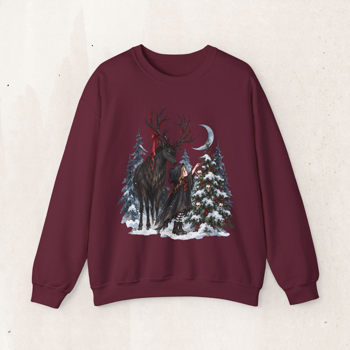 Winter Forest Deer and Moon Sweatshirt, Moonlit Stag Crewneck