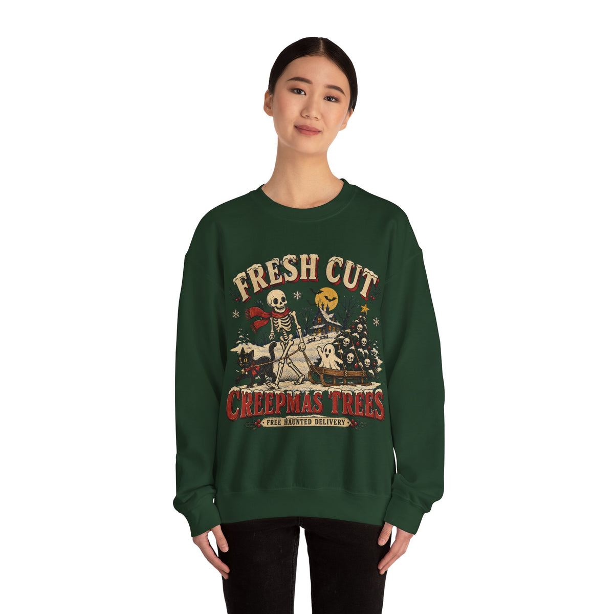Fresh Cut Creepy Christmas Trees Halloween Sweatshirt, Skeleton Christmas Tree Crewneck