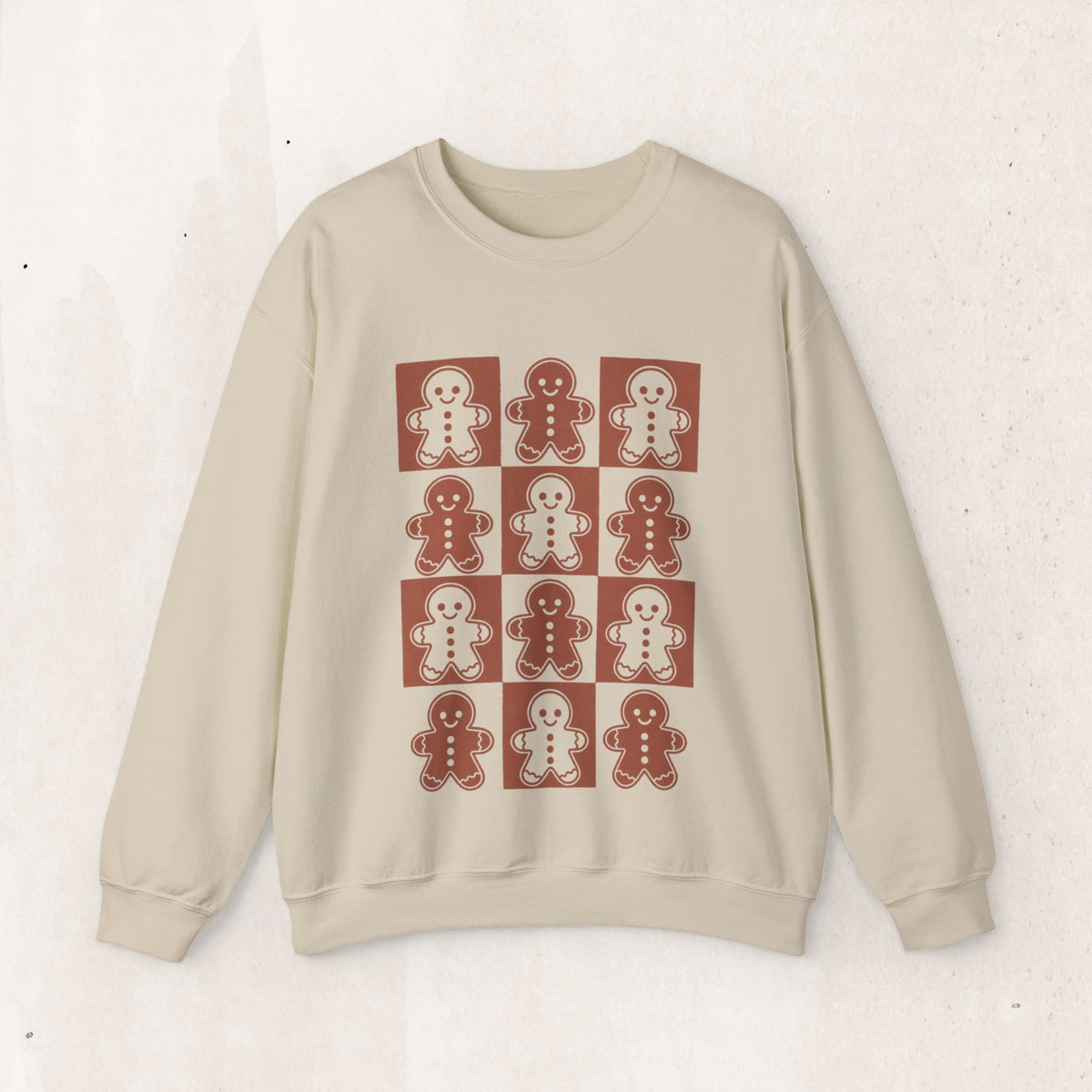 Gingerbread Christmas sweatshirt with a vintage grid of gingerbread cookie people