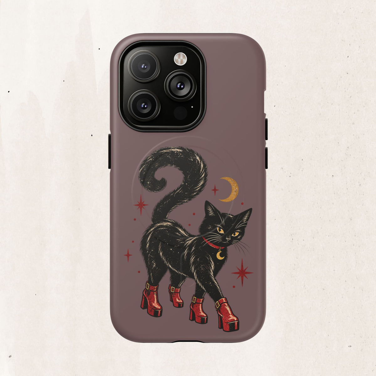 Magnetic Phone Case — Black Cat in Red Boots Design