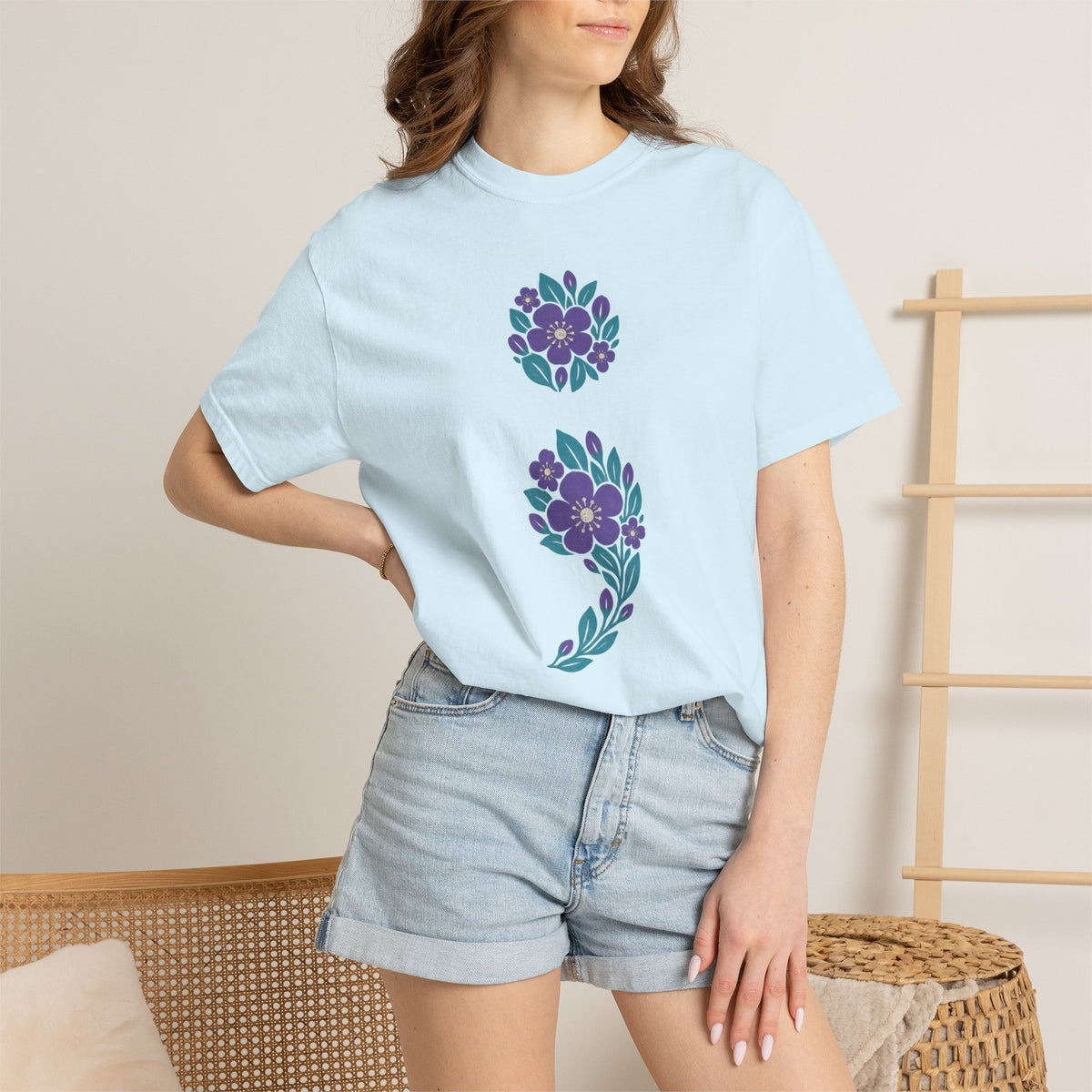Floral semicolon suicide awareness t-shirt in chambray