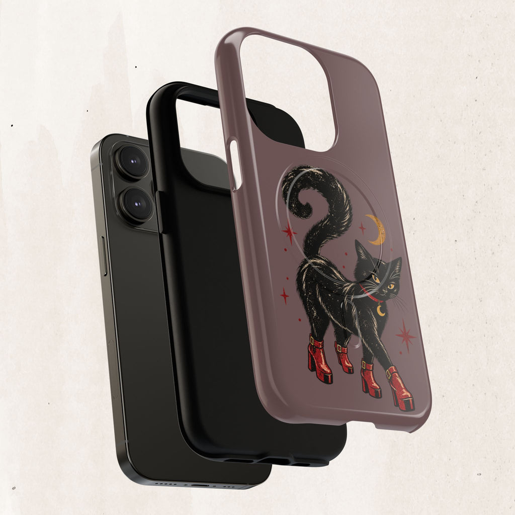 Magnetic Phone Case — Black Cat in Red Boots Design