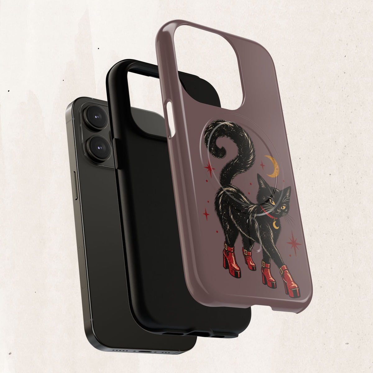 Magnetic Phone Case — Black Cat in Red Boots Design