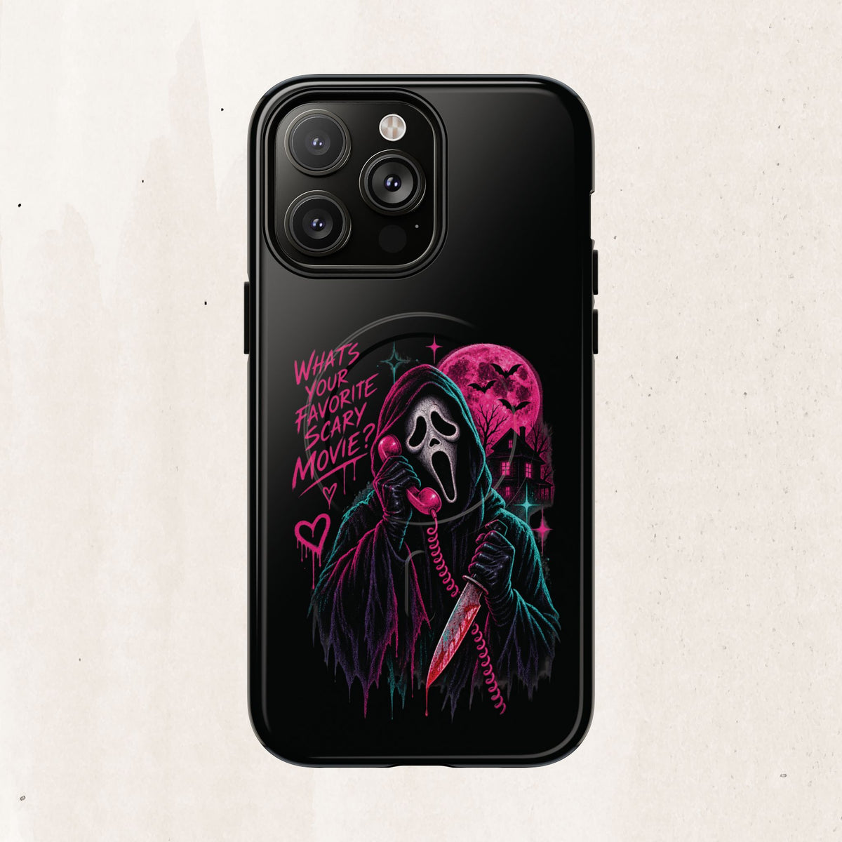 Magnetic Phone Case — Neon 'What's Your Favorite Scary Movie?' Horror Design