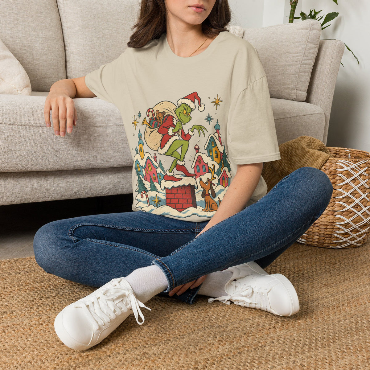 Grinch Graphic Tee' Vintage Holiday Crewneck, Unisex Retro Fit Co Printify