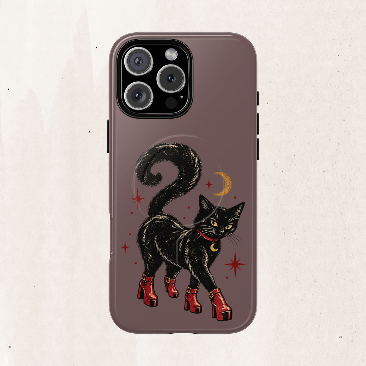 Magnetic Phone Case — Black Cat in Red Boots Design
