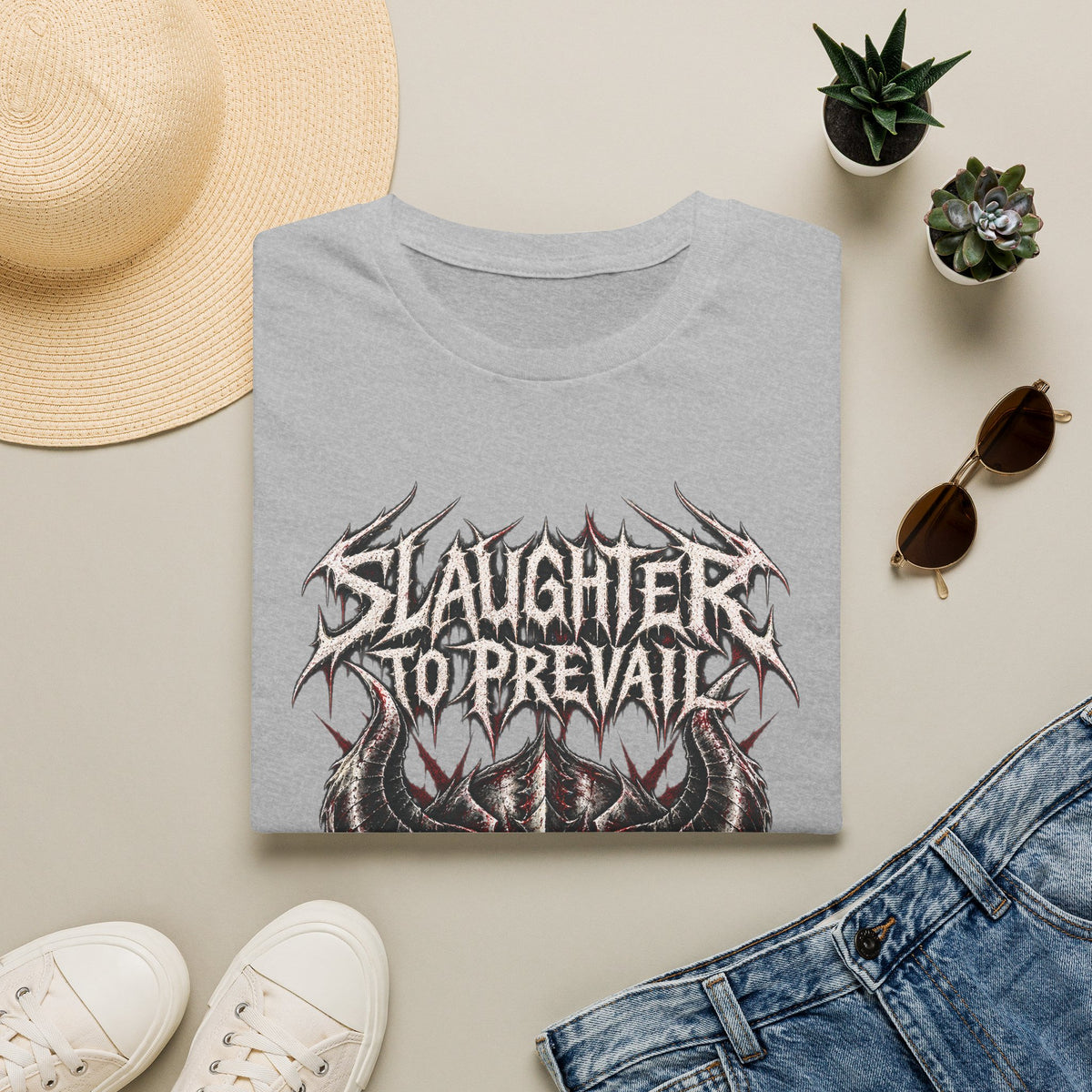 Slaughter To Prevail Distressed Band Tee – Horned Skull Metal Shirt – Sport Grey