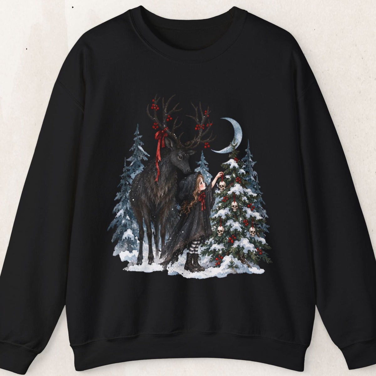 Winter Forest Deer and Moon Sweatshirt, Moonlit Stag Crewneck