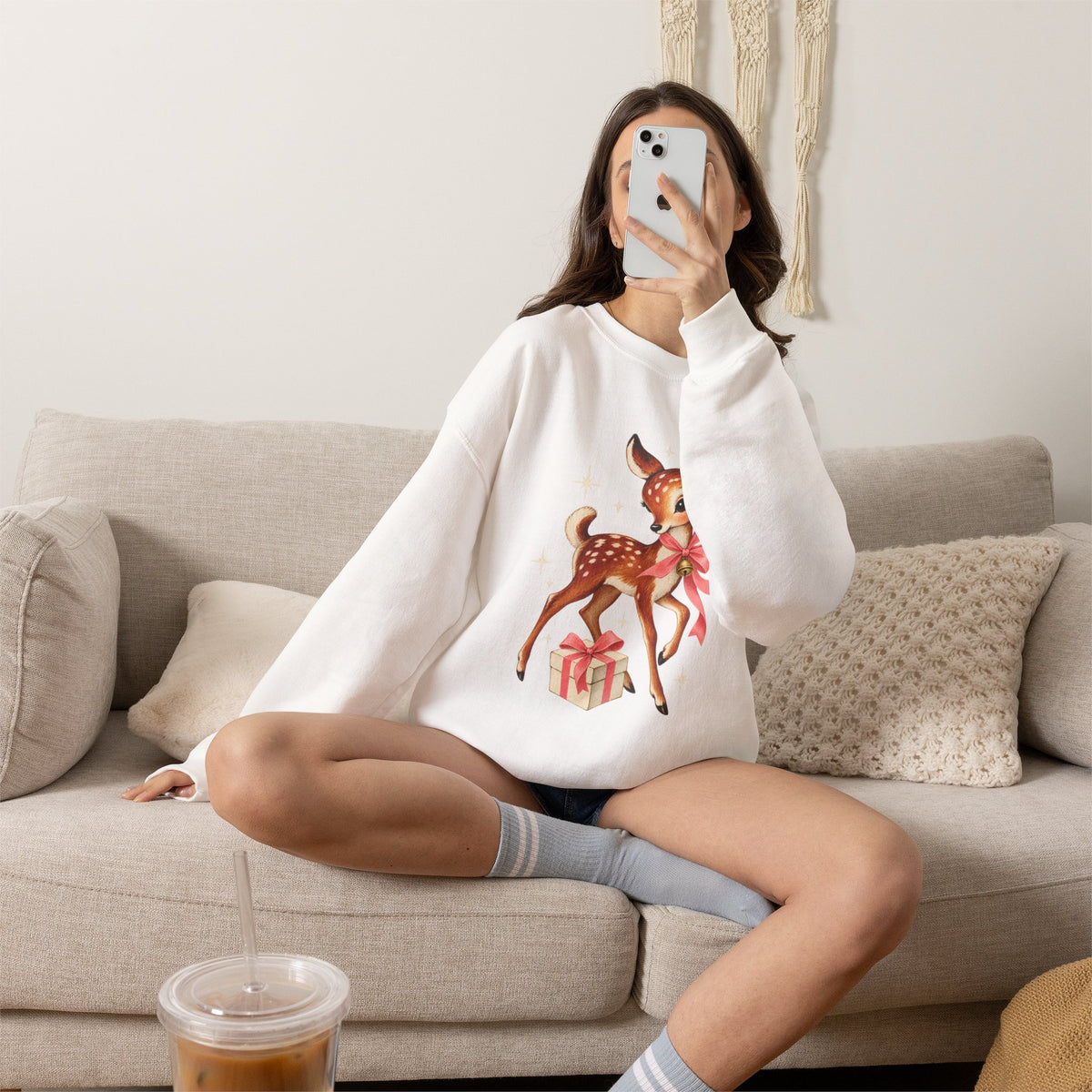 Christmas fawn with gifts woodland crewneck sweatshirt