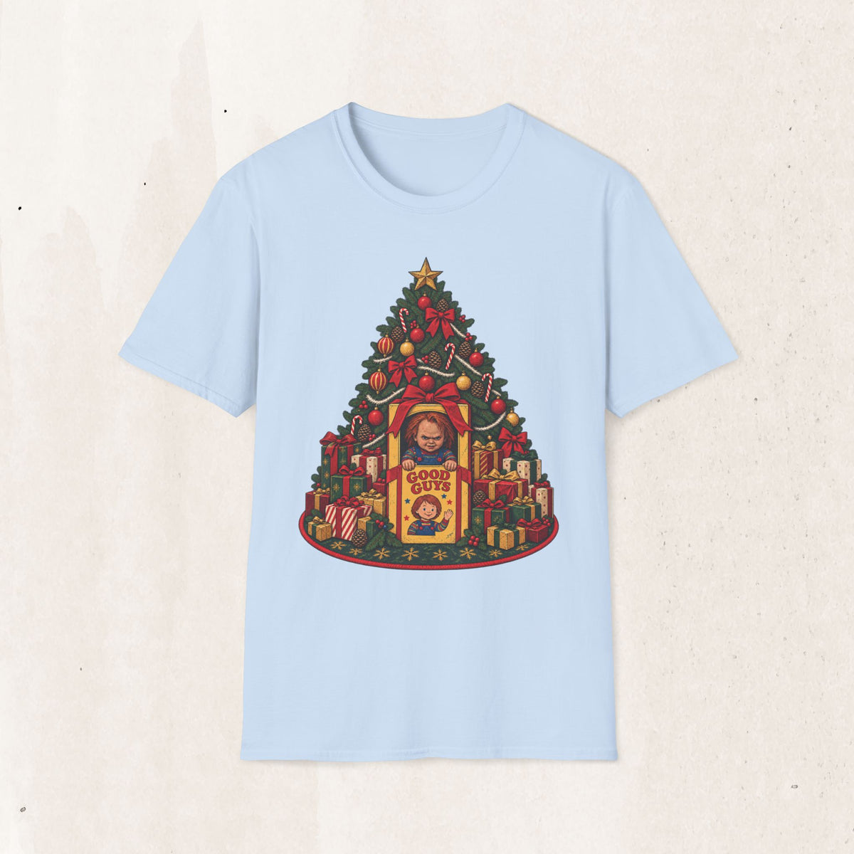Chucky Christmas Graphic Tee – Creepy Horror Christmas Shirt – Light Blue
