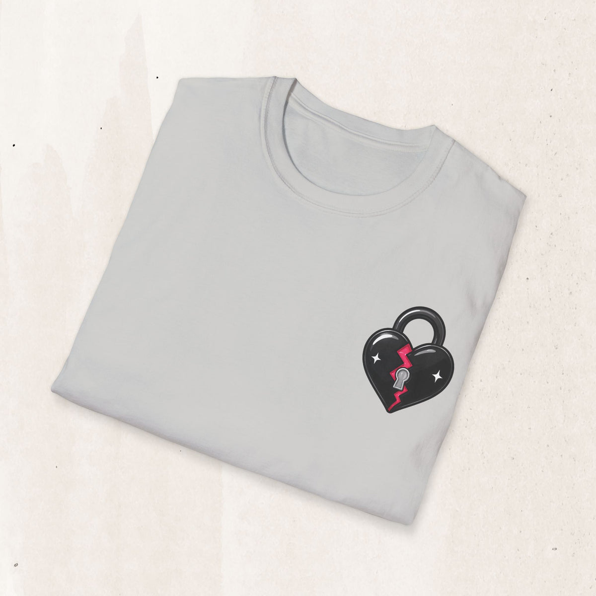 Broken Heart Lock Graphic Tee – Minimal Padlock Shirt – Ice Grey