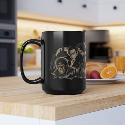Horror Monsters Mug — Classic Universal Monsters Black Coffee Cup (11oz/15oz)